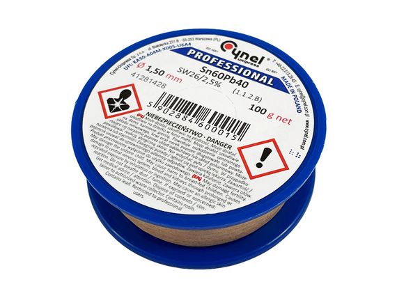 Припой проволочный Cynel с активным флюсом Sn60Pb40 100гр диам. 1.5мм FLUX SW26 ПОС-60Ф