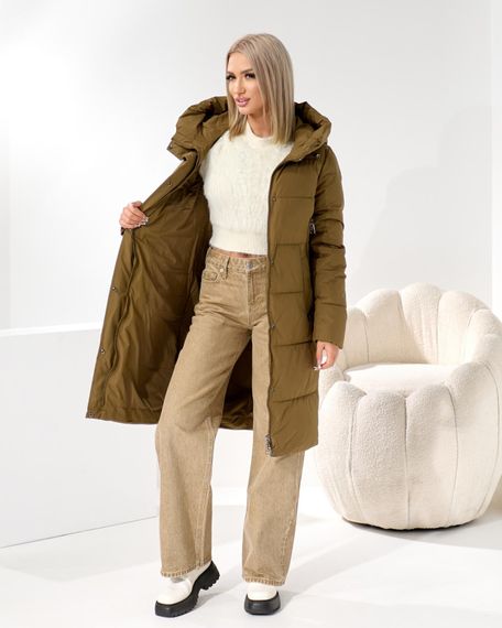 Оливкове пальто люкс якості з брелком помпоном | Зображення 4