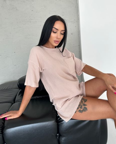 Женский легкий летний костюм шорты и футболка из муслина NA2007 цвет бежевый, размер 42/44 | Зображення 2