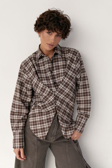 Сорочка в клітинку з акцентом на талію - коричневий цвет, S (є розміри) | Зображення 4