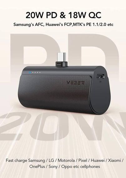 Повербанк, Мінібанк VEGER 5000 мА·год, портативний зарядний пристрій зі швидким заряджанням 20 Вт, акумулятор, | Зображення 3