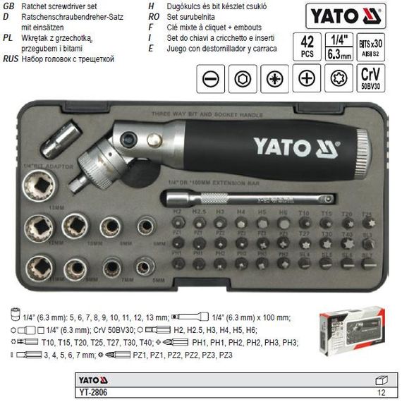 Набір викрутка викрутка тріщатка насадки 42шт YATO-2806