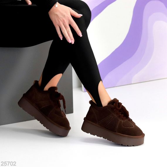 Замшеві Шоколадні кросівки уггі з хутром Тедді на потовщеній підошві | Зображення 1