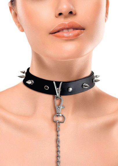 Ошейник с шипами и поводком Art of Sex Collar Spikes and Leash, Черный