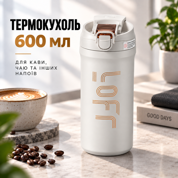 Термокухоль 600 мл з нержавіючої сталі 316 світло-сірий, вакуумний термос з кнопкою, герметична термочашка для кави та чаю