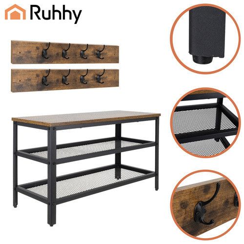 Шафа для взуття RUHHY 2-в-1 з вішалками — лавка із сидінням, 2 полиці, коричнева стільниця в стилі індустріального лофта | Зображення 2
