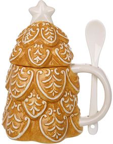 Кухоль керамічний "Прянична Ялинка" 450мл з кришкою та ложкою