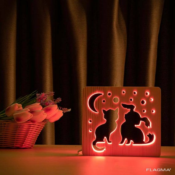 Светильник ночник ArtEco Light из дерева LED "Кот и собачка" с пультом и регулировкой... | Зображення 4