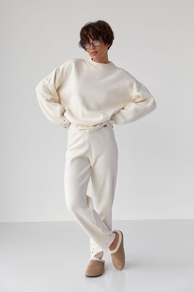 Трикотажний костюм з рваним ефектом - молочний цвет, ONE SIZE (є розміри) | Зображення 4