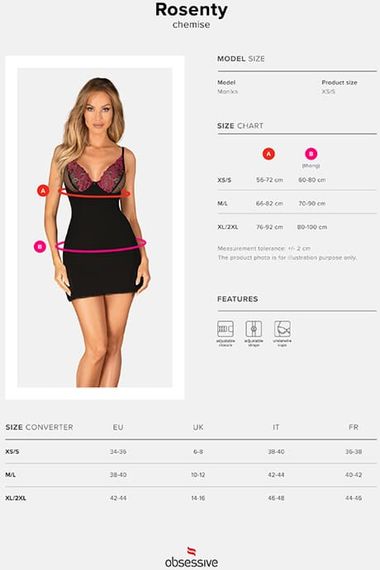 Сорочка та стринги Obsessive Rosenty chemise Чорно-малінова XL/2XL | Зображення 6