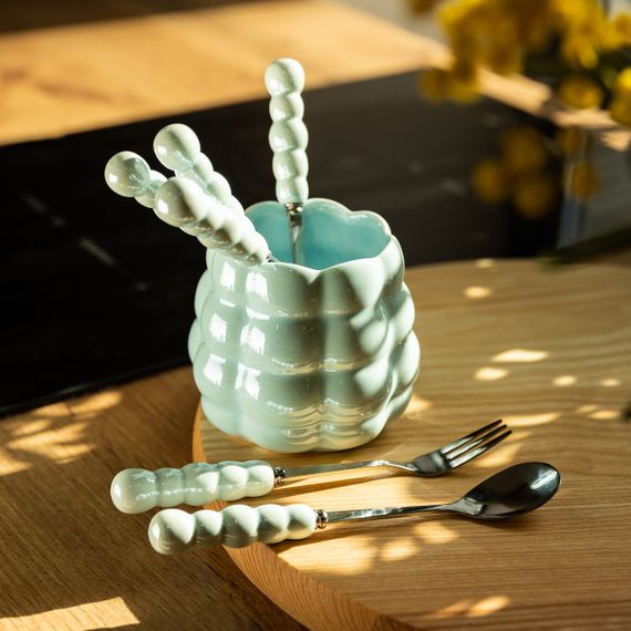 Набір десертних виделок і ложок на 3 персони з підставкою з порцелянау 7 предметів Блакитний HP-20-57 | Зображення 4