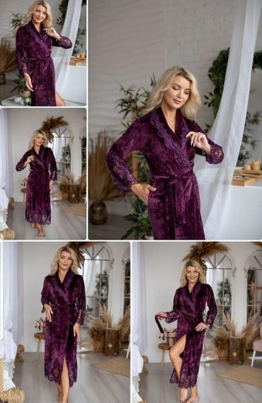 Женский халат Nusa 0383 длинный, велюровый с кружевом, фиолетовый S | Зображення 2