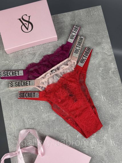 Подарунковий набір жіночих мереживних трусиків Victoria's Secret (3 шт) бразиліана зі стразами в брендовій коробці ХЛ