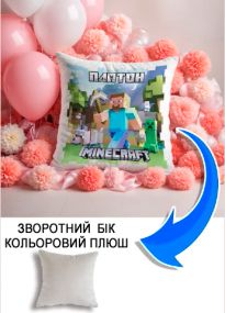 Подушка плюшева Мерч Крафт Дизайн з принтом minecraft 3 імя Платон сірий плюш квадратна 33х33 см