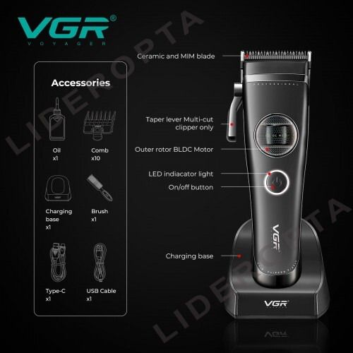 Акумуляторна машинка для стрижки VGR V-880C Black з зовнішнім роторним двигуном, лезами з нержавіючої сталі, 11 насадками та док-станцією (46234-V-880C BLACK_1846) | Зображення 3