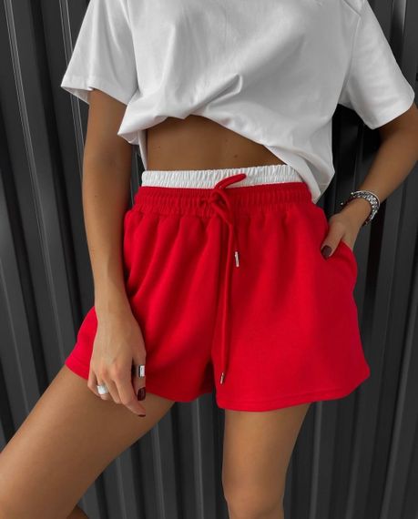 Жіночі короткі шорти трикотажні з подвійним поясом колір червоний розмір 42/46 PP027
