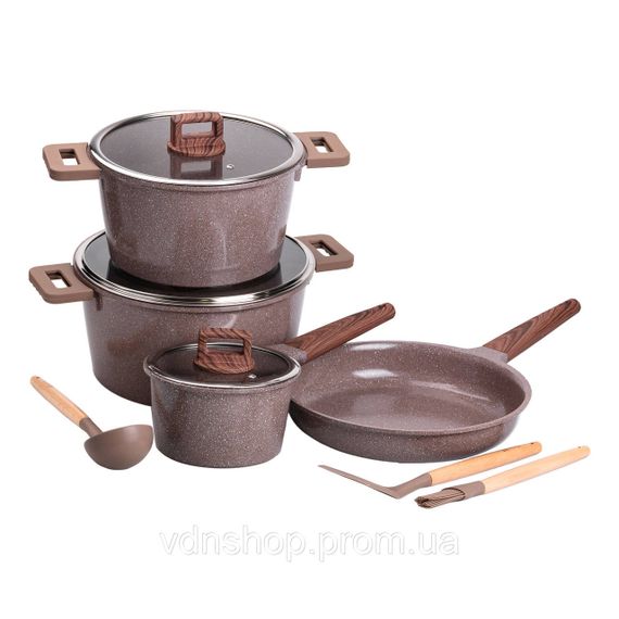 Набір посуду алюміній з товстим дном MGC з лопаткою, ополоником і пензликом кавовий HP-4-406CO