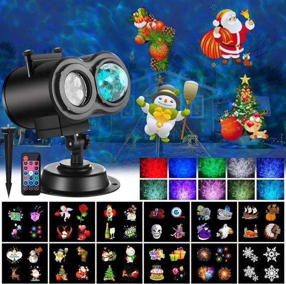 Светодиодный проектор для Рождества Нового года Хэллоуина 12 слайдов 10 цветов праздничное освещение с пультом