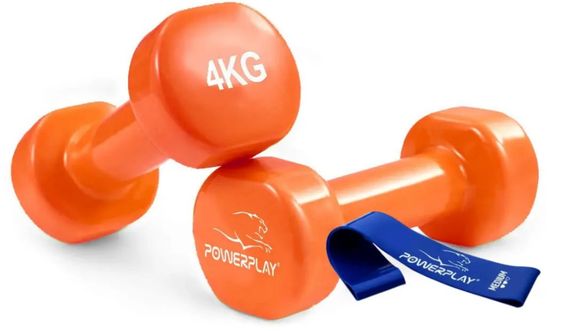 Гантелі вінілові PowerPlay 4125 Achilles 2*4 кг Помаранчеві 2 шт + Гумка для фітнесу 7,5 кг (PP_4125_4kg_2in)