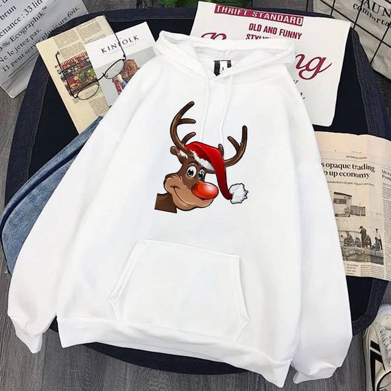 Женский теплый Новогодний худи с оленем, STI237 единый размер 42/48 цвет белый