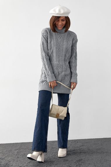 Женская вязаная туника с высоким воротником и косичками - серый цвет, S (есть размеры) | Зображення 8