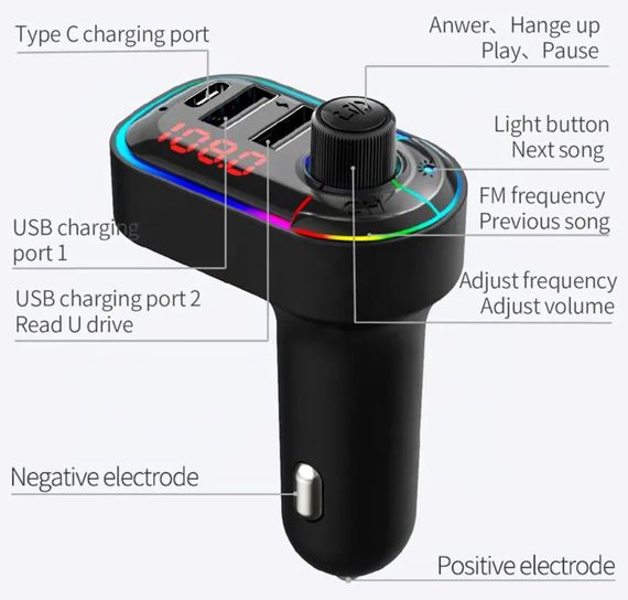 FM трансмиттер модулятор C12 с Bluetooth 5.0 Автомобильная двойная USB зарядка Черный | Зображення 1
