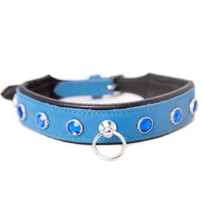 Ошейник со стразами тонкий DS Fetish кожаный, голубой (Голландия) sexstyle
