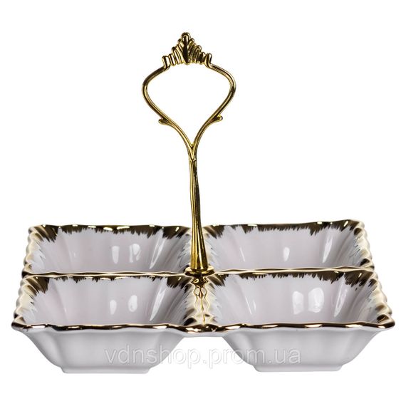 Менажниця порцелянова на 4 секції для закусок тарілка менажниця 18×18×3 (см) менажниця з ручкою Білий з золотом LC-BYL-100