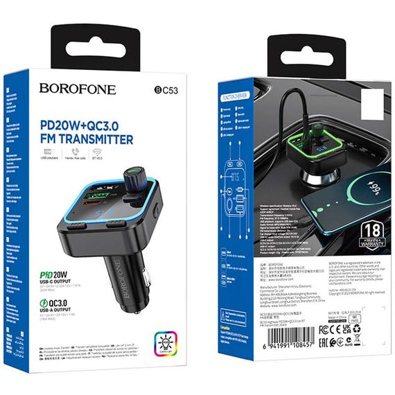 АЗУ FM модулятор Borofone BC53 Highway PD20W+QC3.0 (2USB-A/1C) Black | Зображення 5
