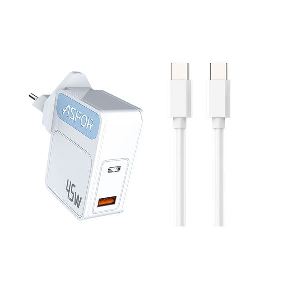Мережевий зарядний пристрій Aspor A839 45 W PD QC (UCB C+A) 2в1 Type-C + Type-C-білий