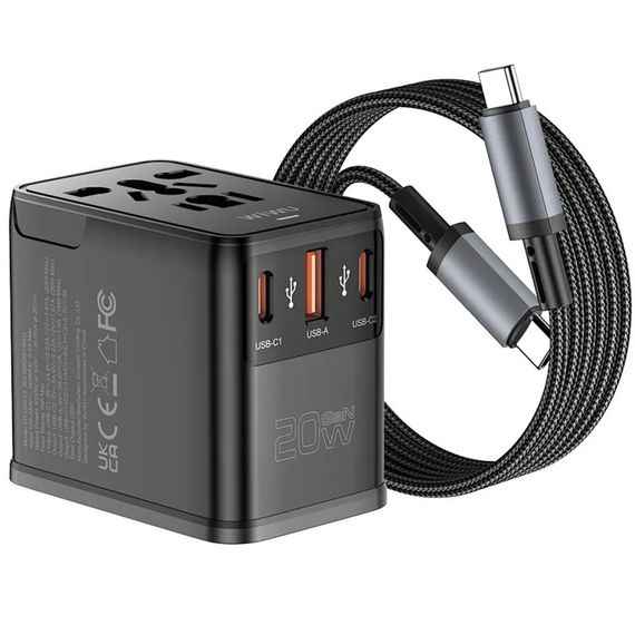 Мережевий універсальний перехідник WIWU UA013 20W GaN + 1USB-A/2C with retractable cable Type-C Black | Зображення 2