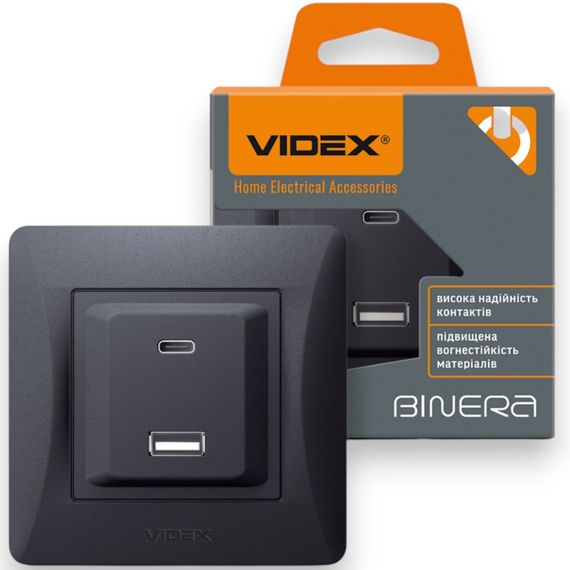 Розетка VIDEX BINERA USB-A + USB-C PD20W, швидка зарядка, 2 порти, чорна (VF-BNCHRUC20-BG) | Зображення 1