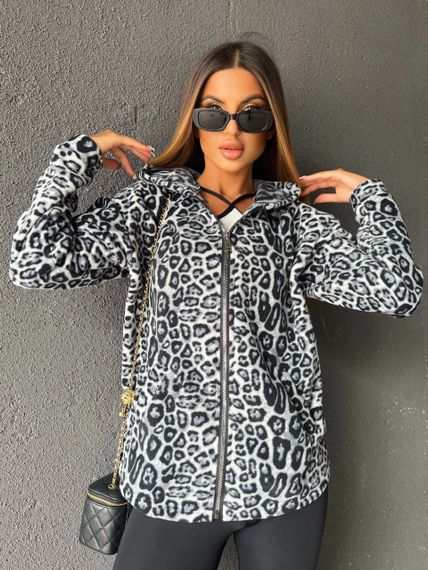 Женская теплая флисовая рубашка леопардовый принт ALI302/1 цвет серый, размер 54/56