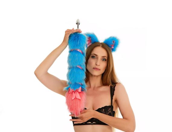 Анальний хвіст зі стрічкою без пробки, Яскраво-блакитий з яскраво-рожевим кінчиком, OKOVA 50 см. sexstyle | Зображення 2