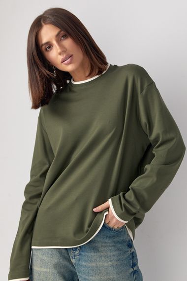 Жіночий лонгслів oversize з контрастною окантовкою по краях - хакі цвет, ONE SIZE (є розміри)