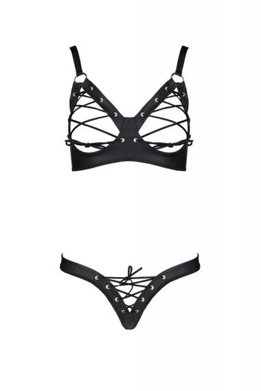 Комплект з екошкіри Passion Celine Bikini 4XL/5XL black, відкритий бра, стрінги зі шнурівкою, 4XL/5XL | Зображення 2