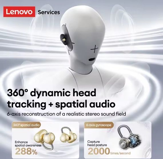 Наушники-кафы Lenovo LES12 Supreme Edition - Bluetooth 6.0, Стальная дужка и Super Bass, золотистые | Зображення 6
