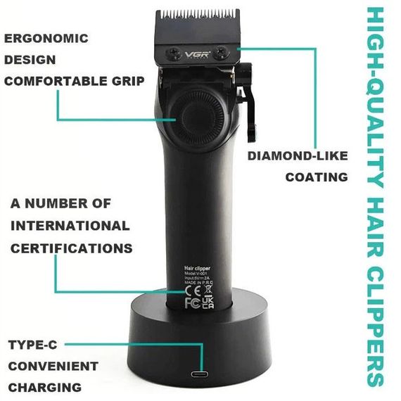 Комплект VGR V-051 машинка для стрижки з потужним акумулятором 2500 мАг, LED-дисплеєм та 4 насадками для стрижки волосся довжиною від 3 до 12 мм (47860-VGR 3 IN 1_4331) | Зображення 5
