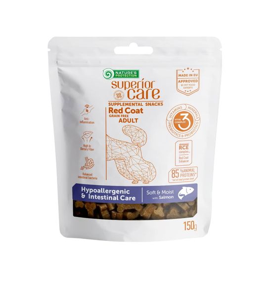 Лакомства Nature's Protection Superior Care Red Coat Hypoallergenic & Intestinal Care беззерновые с лососем для взрослых собак всех пород с рыжим окрасом шерсти 150 гр