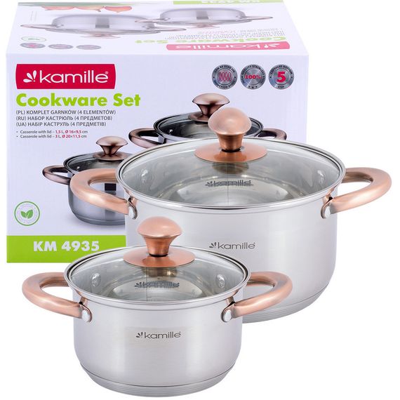 Набор посуды Kamille 4 предмета из нержавеющей стали 2 кастрюли 1.5 л 3 л 5-слойное дно индукция медные ручки | Зображення 5