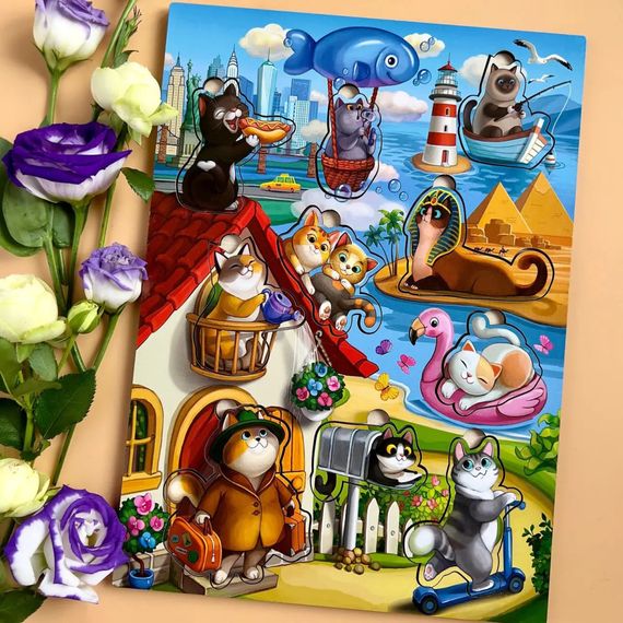 Деревянный пазл-вкладыш "Котики -1" Ubumblebees (ПСД128) PSD128 с домиком | Зображення 4