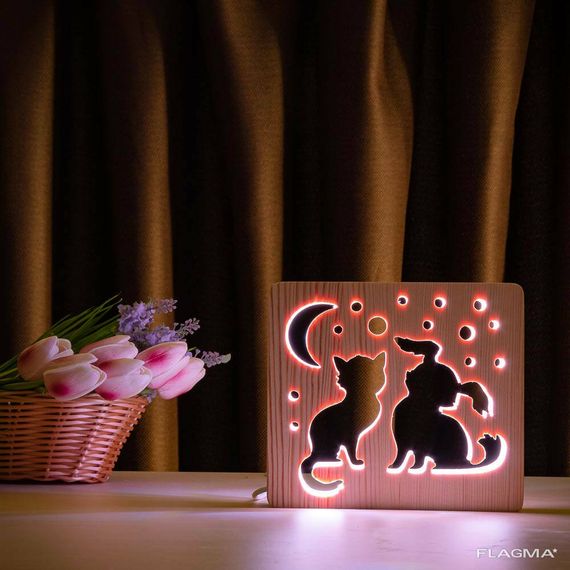 Светильник ночник ArtEco Light из дерева LED "Кот и собачка" с пультом и регулировкой... | Зображення 2
