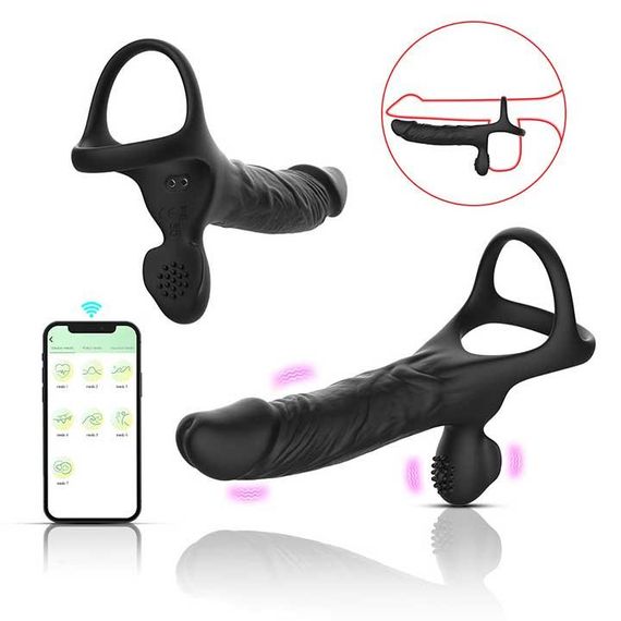 Смарт эрекционное кольцо с вибрацией и фаллоимитатором для двойного проникновения Love Spousе