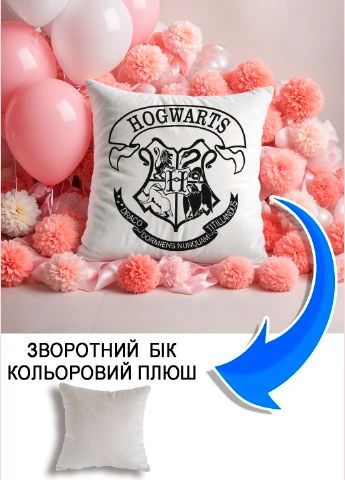 Подушка плюшева Мерч Крафт Дизайн з принтом Hogwarts 3-1 сірий плюш квадратна 33х33 см