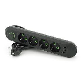 Сетевой фильтр F04U, 4 розетки EU + 3 USB, 1.5 м, сечение 3х0, 75мм, 2500W, Black, Box