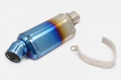 Глушник мото тюнінг 235*88mm, кріп. Ø48mm (нержавіюча сталь, овал, сріблясто-синій, прямоток, mod:6)
