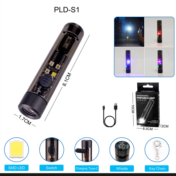 Светодиодный фонарик брелок S1, LED+SMD RGB, Li-Ion аккум., карабин, свисток, ЗУ Type-C | Зображення 6