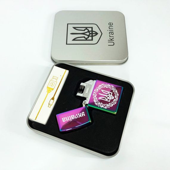 Дугова електроімпульсна запальничка USB Україна металева коробка HL-447. Колір: хамелеон | Зображення 1