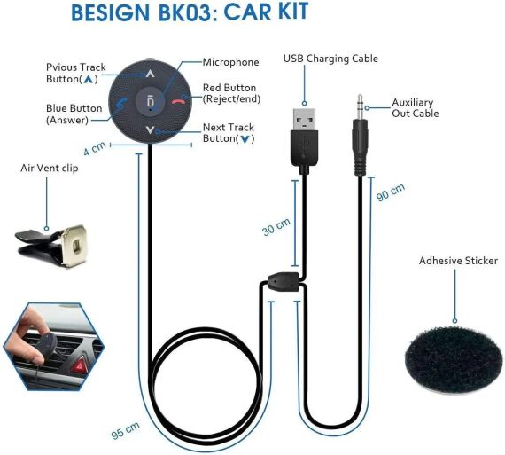 Автомобільний комплект Besign BK03 Bluetooth 4.1 для гучного зв'язку та потокового передавання музики, бездротовий | Зображення 1