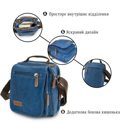 Сумка Vintage Текстильна чоловіча на два відділення Синя (20201) | Зображення 3